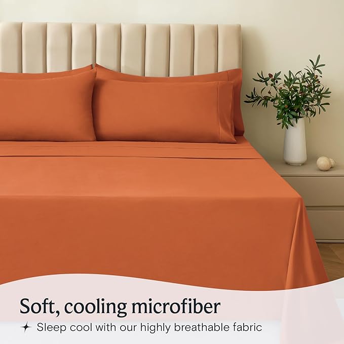 LuxClub 4 PC Sheet Sheets Deep Pockets 18" Eco Friendly Wrinkle Free-Kids-Fitted Sheets Machine Washable Hotel Bedding Silky Soft - Autumn Orange Twin - LeafyLoom