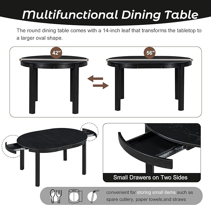 Multifunctional Farmhouse Extendable Round, 2 Small Drawers and 4 Upholstered Chairs, Room, Kitchen, 5 Piece Dining Table Set, Black 20 - LeafyLoom