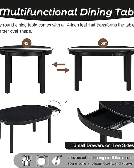 5-Piece Farmhouse Extendable Round Dining Table Set with Two 4 Upholstered Chairs for Kitchen, Breakfast Nook, Living Room, 42"-56" L x 42" W x 30" H, Black(2 Small Drawers) - LeafyLoom