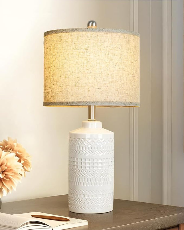 White Ceramic Table Lamp with Beige Shade: 3-Way Dimmable Night Stand Light Lamp 24.5" Modern Table Lamps for Living Room Bedroom End Table Office Entryway Lamps (Bulb Included - LeafyLoom