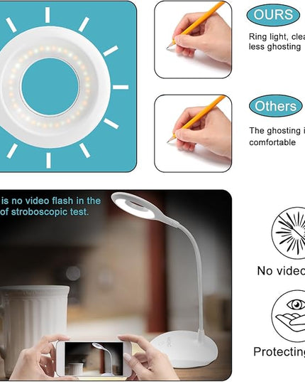 LED Desk Lamp Dimmable Table Light, 3 Modes, Stepless Brightness, Sensitive Control, Flexible 360° Adjustable Eye-Caring Office Read Lamp, Cordless USB Desk Light, White - LeafyLoom