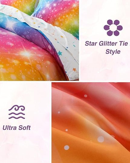 A Nice Night 6Pcs Gradient Glitter Bedding Set for Girls, Colorful Rainbow Galaxy Comforter Set, Ultra Soft Bedding Sets (Multi,Queen 6Pcs) - LeafyLoom