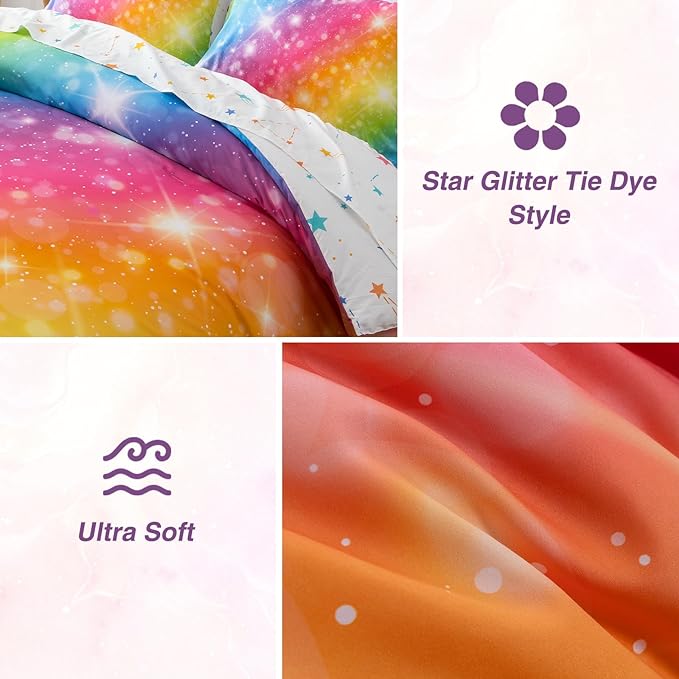 A Nice Night 6Pcs Gradient Glitter Bedding Set for Girls, Colorful Rainbow Galaxy Comforter Set, Ultra Soft Bedding Sets (Multi,Full 6Pcs) - LeafyLoom