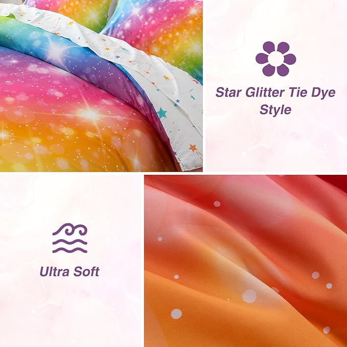 A Nice Night 6Pcs Gradient Glitter Bedding Set for Girls, Colorful Rainbow Galaxy Comforter Set, Ultra Soft Bedding Sets (Multi,Twin 6Pcs) - LeafyLoom