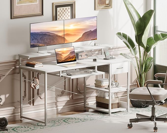 AODK Computer Desk with Keyboard Tray, 55 Inch Office Desk with Power Outlet, Work Desk with Drawer, Reversible Desk with Adjustable Monitor Shelf and Storage Shelf for Home, White - LeafyLoom