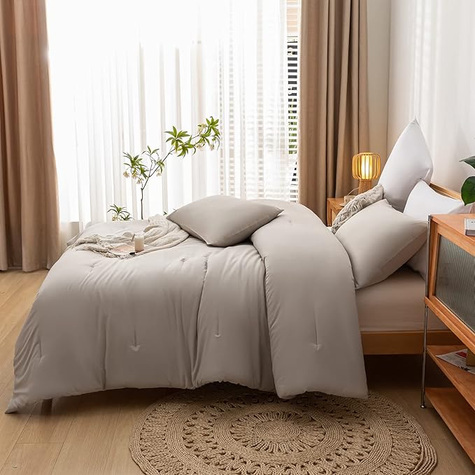 King Comforter Set Tannish Grey Solid Color Lightweight Bedding Comforter Sets 3pcs (1 Comforter, 2 Pillowcases) Soft Microfiber Down Alternative Comforter for All Season - LeafyLoom