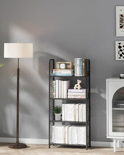 Bookshelf Storage Shelf Bookcase Freestanding Storage Stand Book Organizer for Living Room, Bedroom, Kitchen, Rust Resistance,Easy Assembly Multi-Functional Organizer (4 Tiers, Black) - LeafyLoom