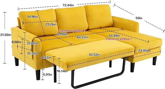 72.44" L-Shaped Reversible Sectional Sofa w/Pull Out Bed & Storage Chaise Lounge,Interior Furniture Comfy Sleeper Corner Couch with 3 Throw Pillows and Pockets,for Dorm,Apartment,Yellow - LeafyLoom