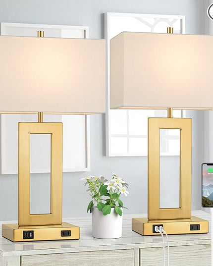 22’’ Table Lamps for Bedrooms Set of 2, Gold Bedside USB Desk Lamp with AC Outlet, Touch Control Modern Vintage Living Room Table Lamp for Nightstand End Table, 3-Way Dimming with 2 E26 Edison Bulbs - LeafyLoom