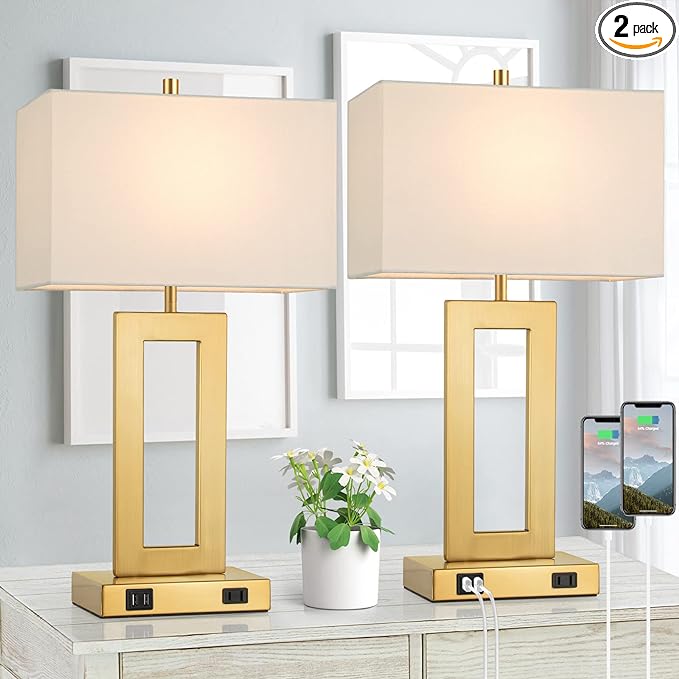 22’’ Table Lamps for Bedrooms Set of 2, Gold Bedside USB Desk Lamp with AC Outlet, Touch Control Modern Vintage Living Room Table Lamp for Nightstand End Table, 3-Way Dimming with 2 E26 Edison Bulbs - LeafyLoom