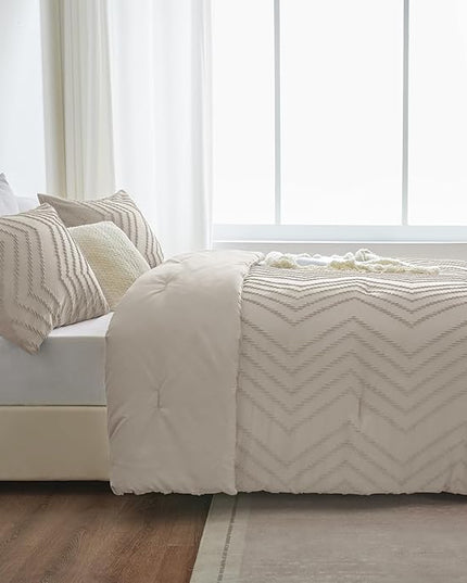 CozyLux California King Size Comforter Set Beige - 3 Pieces Cal King Boho Tufted Shabby Chic Bedding Comforter Set for All Seasons, Chevron Bedding Sets with Comforter & 2 Pillow Shams - LeafyLoom