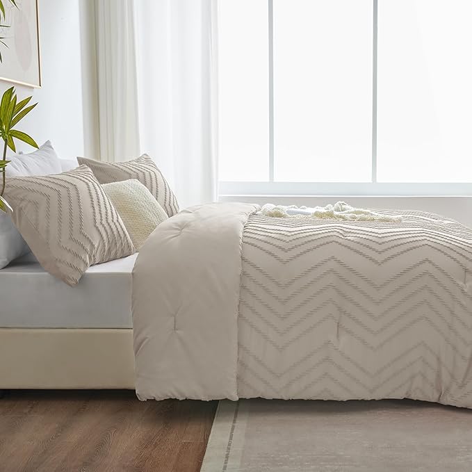 CozyLux King Size Comforter Set Beige - 3 Pieces Boho Tufted Shabby Chic Bedding Comforter Set for All Seasons, Chevron Bedding Sets with Comforter & 2 Pillow Shams - LeafyLoom