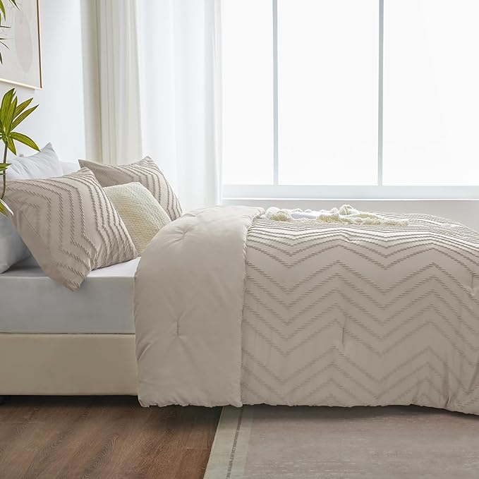 CozyLux Full Size Comforter Set Beige - 3 Pieces Boho Tufted Shabby Chic Bedding Comforter Set for All Seasons, Chevron Bedding Sets with Comforter & 2 Pillow Shams - LeafyLoom
