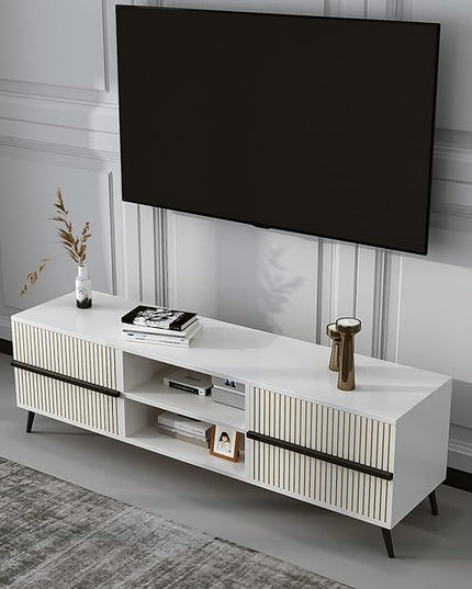 TV Stand for 60 Inch - Wooden Television Stand Table with Storage Cabinets and Open Shelves up to 60", Entertainment Center, Media Console for Living Room and Bedroom, Warm White - LeafyLoom