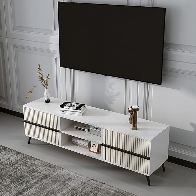 TV Stand for 60 Inch - Wooden Television Stand Table with Storage Cabinets and Open Shelves up to 60", Entertainment Center, Media Console for Living Room and Bedroom, Warm White - LeafyLoom