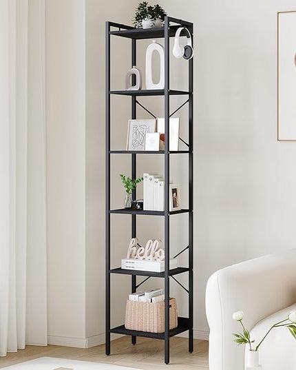 Bookshelf, Book Shelf, Industrial Bookcase with 2 Hooks, Coner Shelf Storage Organizer for Home Office, Living Room, Bedroom, Kitchen, 6-Tier Black BC10704B - LeafyLoom