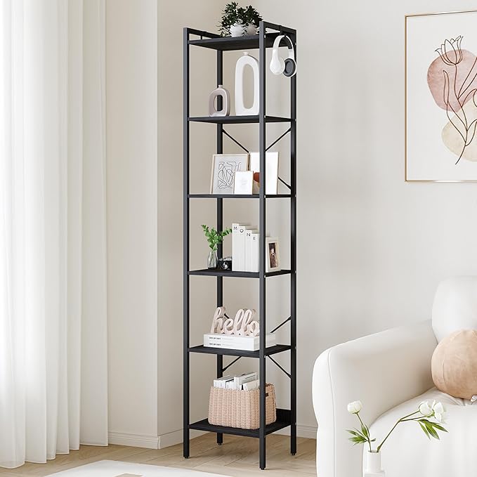 Bookshelf, Book Shelf, Industrial Bookcase with 2 Hooks, Coner Shelf Storage Organizer for Home Office, Living Room, Bedroom, Kitchen, 6-Tier Black BC10704B - LeafyLoom