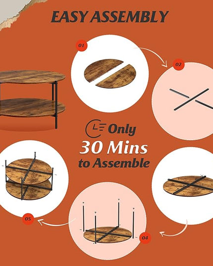 WLIVE Round Coffee Table, Rustic 2-Tier Circle Coffee Table with Open Storage Shelf, Industrial 32.6" Wood Round Center Table for Living Room, Bedroom, Home Office, Rustic Brown - LeafyLoom