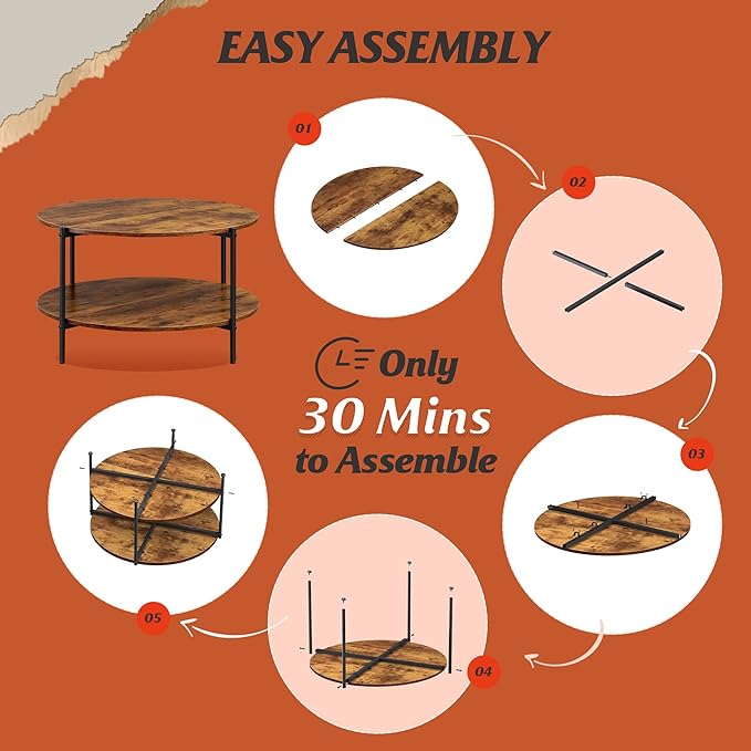 WLIVE Round Coffee Table, Rustic 2-Tier Circle Coffee Table with Open Storage Shelf, Industrial 32.6" Wood Round Center Table for Living Room, Bedroom, Home Office, Rustic Brown - LeafyLoom