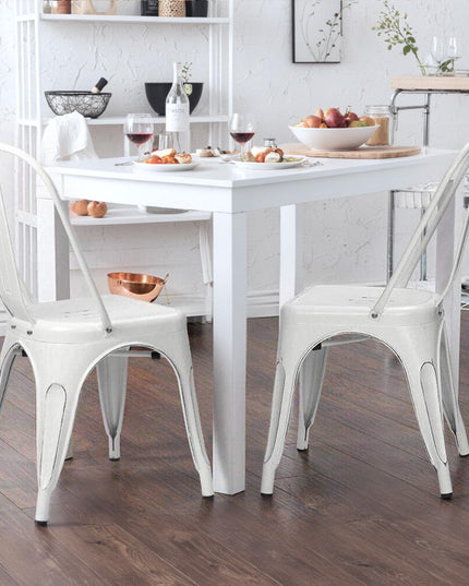 Furmax Metal Dining Chair Indoor Outdoor Use Stackable Chic Side Classic Trattoria Metal Chairs Set of 4 for Kitchen, Dining Room, Bistro and Cafe (Distressed White) - LeafyLoom
