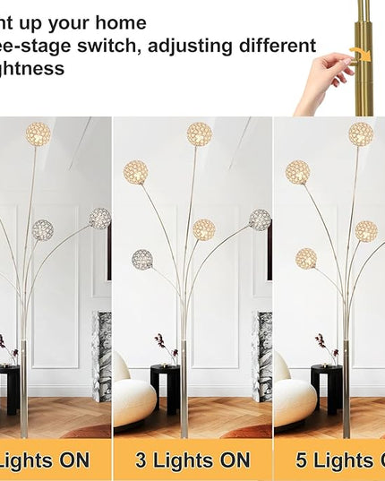 DLLT Floor Lamps for Living Room, 3-Light Chrome Arc Standing Lamp, 86.6" Modern Tall Tree Floor Lamp with Adjustable Arms, Multi-Head LED Floor Lamps for Bedroom, Study, Office, G9 Bulbs Included - LeafyLoom