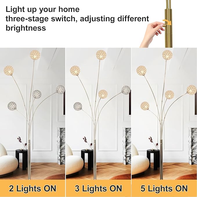 DLLT Floor Lamps for Living Room, 3-Light Chrome Arc Standing Lamp, 86.6" Modern Tall Tree Floor Lamp with Adjustable Arms, Multi-Head LED Floor Lamps for Bedroom, Study, Office, G9 Bulbs Included - LeafyLoom