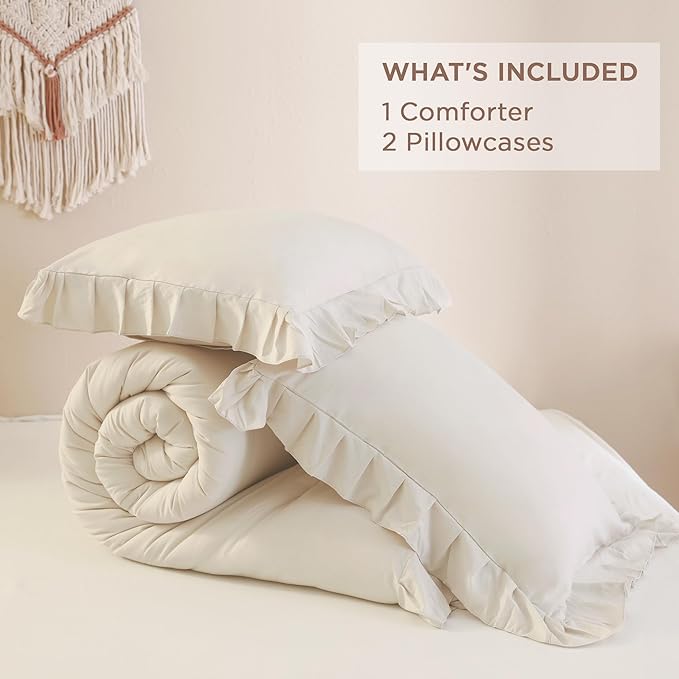 Andency Beige Cream California King Size Comforter Set, 3 Pieces Shabby Chic Ruffle Bedding Comforter Sets for Men Women, Soft Cozy Lightweight Fluffy Down Alternative Decorative Bed Set - LeafyLoom