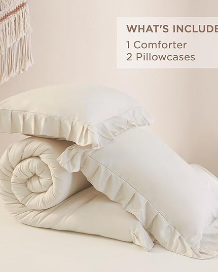 Andency Beige Comforter Set King, 3 Pieces Farmhouse Shabby Chic Ruffle Comforter, Lightweight Fluffy Soft Microfiber All Season Solid Bed Comforter Set (1 Ruffle Comforter & 2 Pillowcases) - LeafyLoom