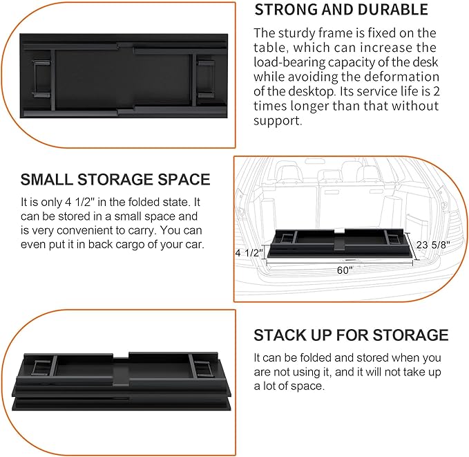 SDHYL Folding Desk, 60inch No Assembly Folding Desks for Small Spaces Sturdy Computer Desk, Functional Home Office Desks, Study Writing Desk Office Table Workstation for Home Office, Black - LeafyLoom