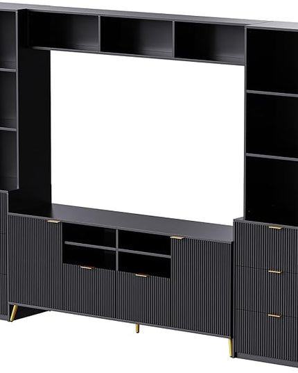 Merax 4-Piece Entertainment Wall Unit with 13 shelves, 8 Drawers, and 2 Cabinets, Multifunctional TV Stand Media Storage Cabinet with Fluted Line Surface for Living Room, Black - LeafyLoom