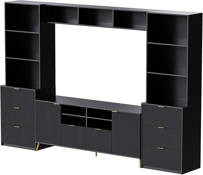 Merax 4-Piece Entertainment Wall Unit with 13 shelves, 8 Drawers, and 2 Cabinets, Multifunctional TV Stand Media Storage Cabinet with Fluted Line Surface for Living Room, Black - LeafyLoom