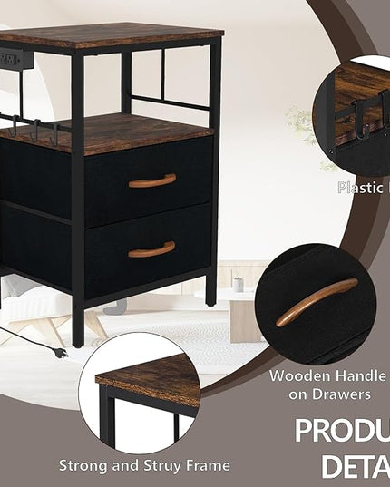 Nightstand with Charging Station, Side Table with Fabric Drawers and Open Shelf, Night Stand for Bedroom Decor, Bedside Table with USB Ports & Outlets (Rustic Brown,1) - LeafyLoom