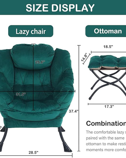 LITA Lazy Chair with Ottoman, Modern Accent Leisure Upholstered Sofa Chair, Contemporary Lounge Reading Chair with Armrests and a Side Pocket for Living Room, Bedroom & Small Space, Dark green - LeafyLoom