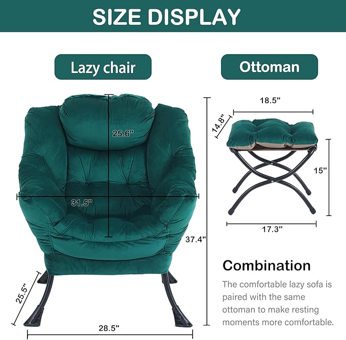 LITA Lazy Chair with Ottoman, Modern Accent Leisure Upholstered Sofa Chair, Contemporary Lounge Reading Chair with Armrests and a Side Pocket for Living Room, Bedroom & Small Space, Dark green - LeafyLoom