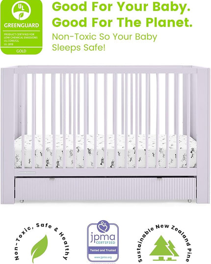 Delta Children Cassie 4-in-1 Convertible Crib with Underdrawer, Lilac + Simmons Kids Silver Nights Dual Sided 2-Stage Baby Crib Mattress (Bundle) - LeafyLoom
