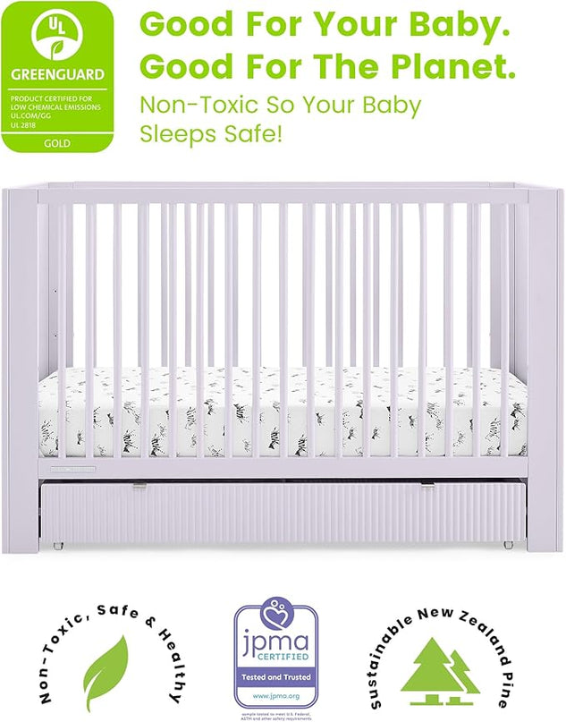 Delta Children Cassie 4-in-1 Convertible Crib with Underdrawer, Lilac + Simmons Kids Silver Nights Dual Sided 2-Stage Baby Crib Mattress (Bundle) - LeafyLoom