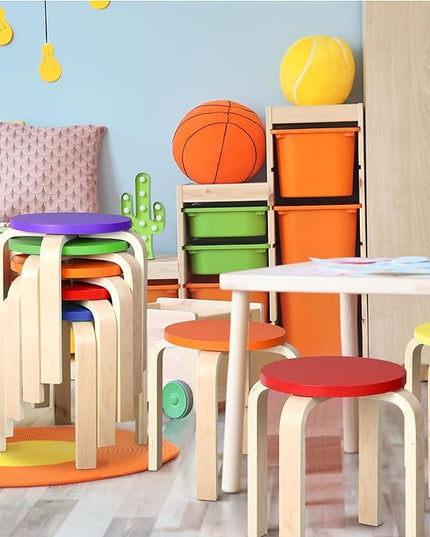 6 Pcs 12 Inch Bentwood Stacking Stool for Kids Colored Durable Round Nesting Stool Flexible Wood Stackable Stool Chairs for Playroom Daycare Home Classroom (Classic Color) - LeafyLoom