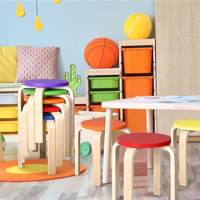 6 Pcs 12 Inch Bentwood Stacking Stool for Kids Colored Durable Round Nesting Stool Flexible Wood Stackable Stool Chairs for Playroom Daycare Home Classroom (Classic Color) - LeafyLoom
