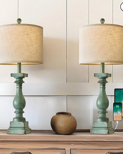 BOBOMOMO 27" Farmhouse Table Lamp Set of 2 with USB A+C for Bedroom Living Room Vintage Rustic Traditional Nightstand Bedside Lamps Retro Side Table Lamps (Green) - LeafyLoom