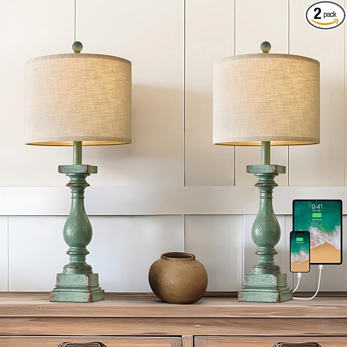 BOBOMOMO 27" Farmhouse Table Lamp Set of 2 with USB A+C for Bedroom Living Room Vintage Rustic Traditional Nightstand Bedside Lamps Retro Side Table Lamps (Green) - LeafyLoom