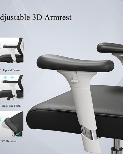Ergonomic Office Chair with 3D PU Armrests, Home Office Chair with 3D Adjustable Lumbar Support, Adjustable Seat Depth Desk Chair, Swivel Big and Tall Computer Chair,Thick Seat Cushion - LeafyLoom