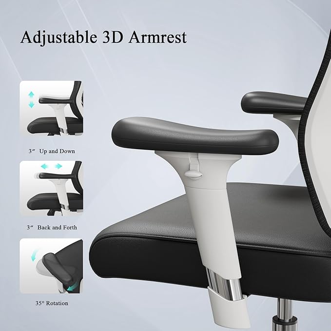 Ergonomic Office Chair with 3D PU Armrests, Home Office Chair with 3D Adjustable Lumbar Support, Adjustable Seat Depth Desk Chair, Swivel Big and Tall Computer Chair,Thick Seat Cushion - LeafyLoom