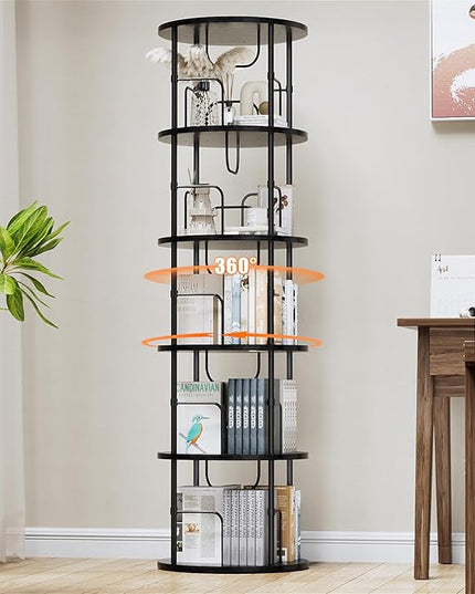 5 Tier Rotating Bookshelf, 360 ° Display Stackable Spinning Bookshelf Tower, Narrow Space Saving Tall Floor Standing Swivel Bookcase Corner Storage Organizer for Bedroom, Living Room, Black - LeafyLoom