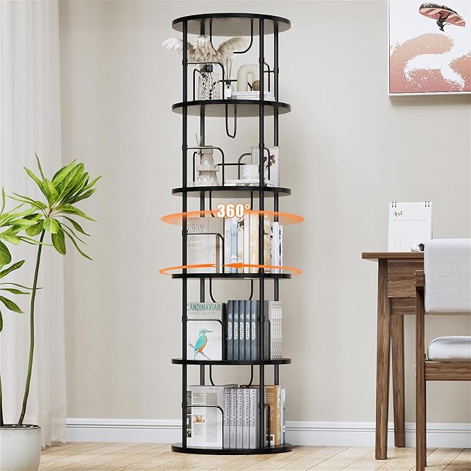 5 Tier Rotating Bookshelf, 360 ° Display Stackable Spinning Bookshelf Tower, Narrow Space Saving Tall Floor Standing Swivel Bookcase Corner Storage Organizer for Bedroom, Living Room, Black - LeafyLoom
