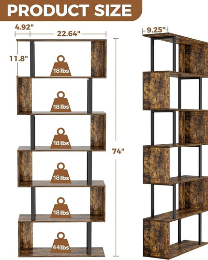 Gadroad 6 Tier Geometric Bookcase,S Shaped Bookshelf, Wood Decorative Storage Shelving, Modern Freestanding Display Shelves, Tall Book Shelf Unit for Living Room Bedroom, Rustic Brown - LeafyLoom