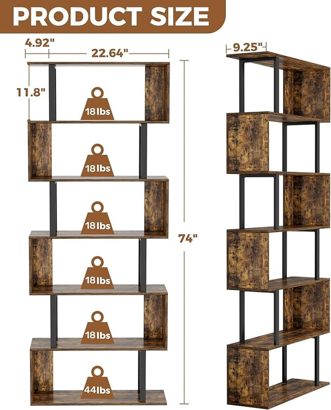Gadroad 6 Tier Geometric Bookcase,S Shaped Bookshelf, Wood Decorative Storage Shelving, Modern Freestanding Display Shelves, Tall Book Shelf Unit for Living Room Bedroom, Rustic Brown - LeafyLoom