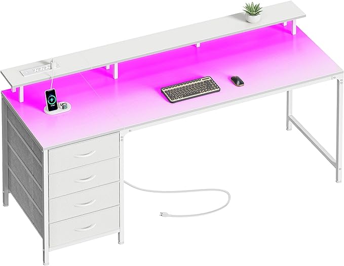 63 Inch Computer Desk with Power Outlets and LED Lights, Gaming Desk with 4 Drawers, Office Desk with Monitor Stand, Study Desk Work Desk for Home Office, White - LeafyLoom
