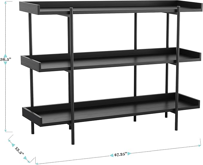 Martha Stewart Emmett 3 Shelf Bookcase with Vertical Metal Frame, Home Office Storage Display Unit, 35"H, Black Wood Grain/Oil Rubbed Bronze - LeafyLoom