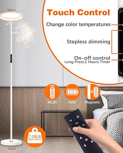LED Floor Lamp for Living Room, 69" Tall Lamp with Remote & Touch Control Upgrade Lamp Pole Rotary 90° Dimmable Brightness 4 Color Tempera-White - LeafyLoom