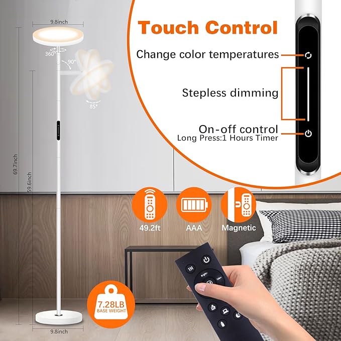 LED Floor Lamp for Living Room, 69" Tall Lamp with Remote & Touch Control Upgrade Lamp Pole Rotary 90° Dimmable Brightness 4 Color Tempera-White - LeafyLoom